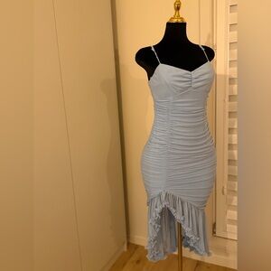 Vicky Light Blue Mesh Ruched Midi Dress